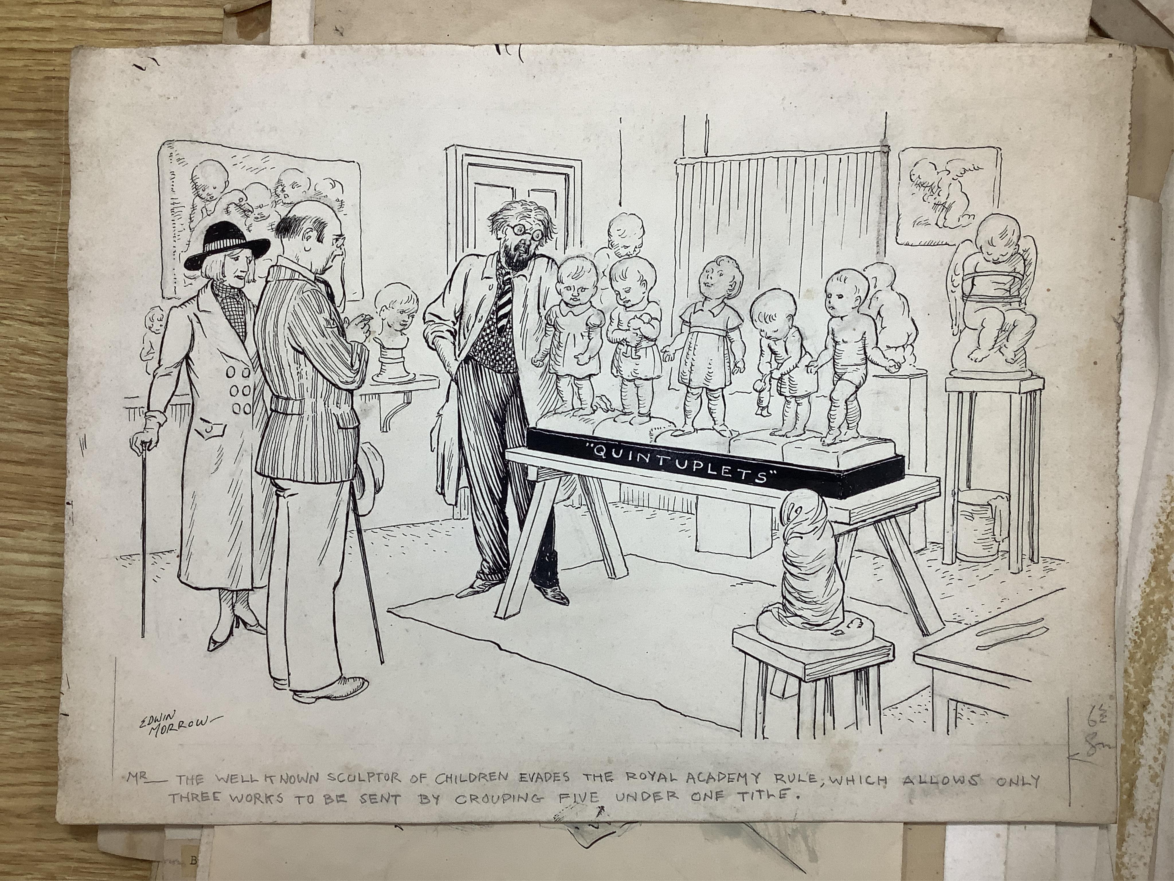 A folio of cartoons, caricatures, cartoons and opera house designs, mostly by Edwin Morrow (Irish) and Norman Morrow, to include 'Caution Weir here', 'The Sublime Good Deed' and 'Bluff at the Garrick', with a collection